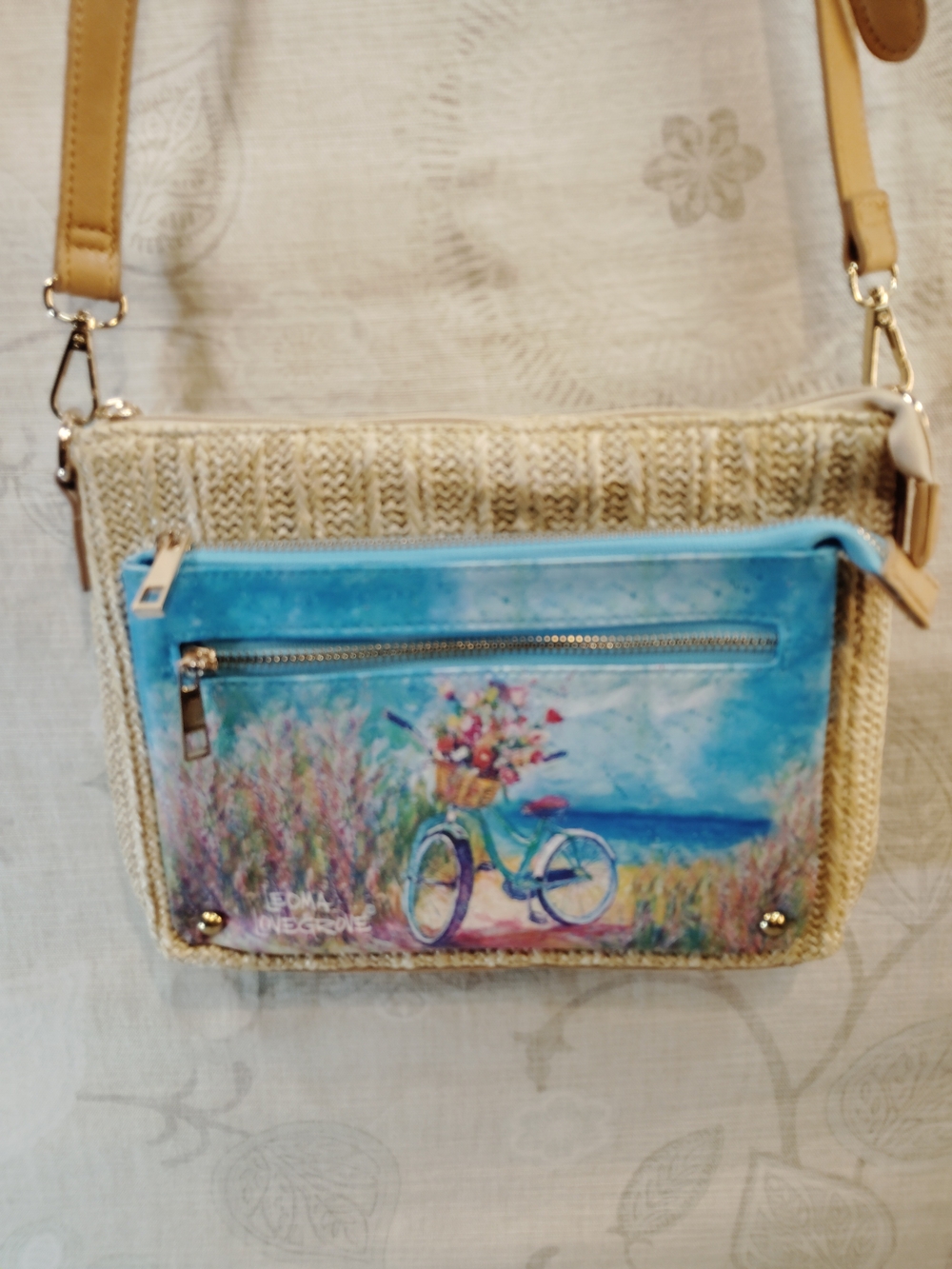 Leoma Lovegrove Cream Woven Crossbody Bag with Blue Bicycle Print